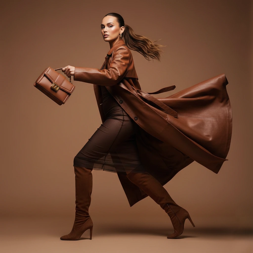 Mid-motion studio portrait of a woman in a flowing brown leather trench coat and suede boots, holding a structured handbag against a warm brown background, highlighting high-end fashion textures and dynamic movement.